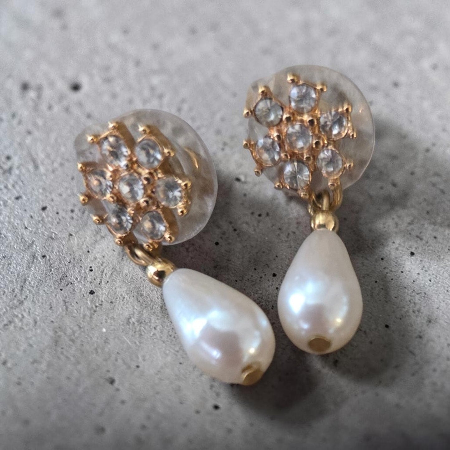 Gold Tone Crystal Cluster Pearl Drop Earrings
