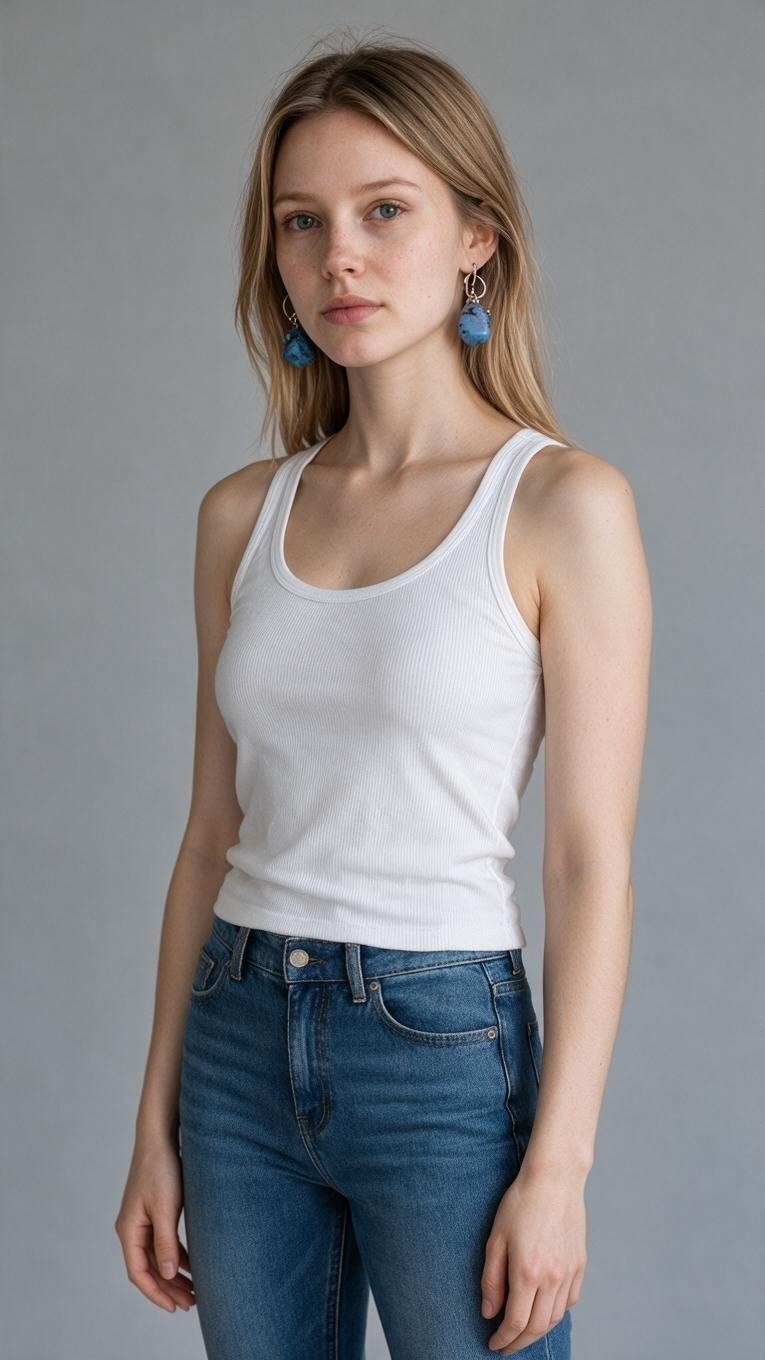 Blanca Closet blue turquoise drop earrings worn by a woman in a white ribbed tank top against a grey background