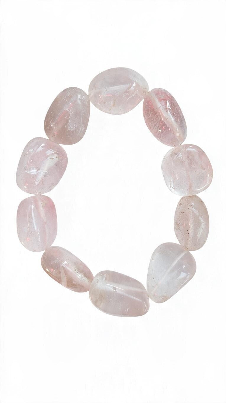 Blanca Closet crystal quartz bracelet featuring polished, tumbled light pink stones on a white background.