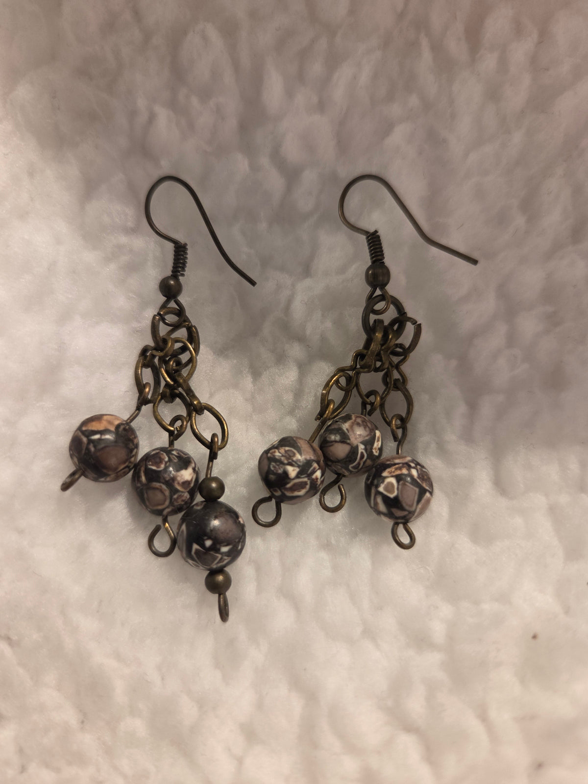 Blanca Closet handcrafted dangle earrings with three patterned beads and antique bronze-tone metal chains