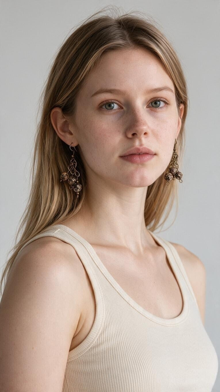 Blanca Closet handcrafted three-bead drop earrings in bronze tones worn by a woman in a cream tank top
